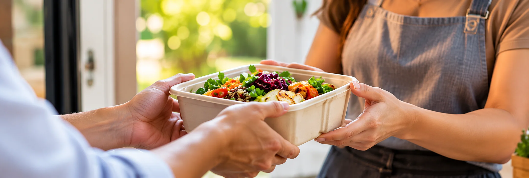A home cook handing a bowl of fresh food to a customer