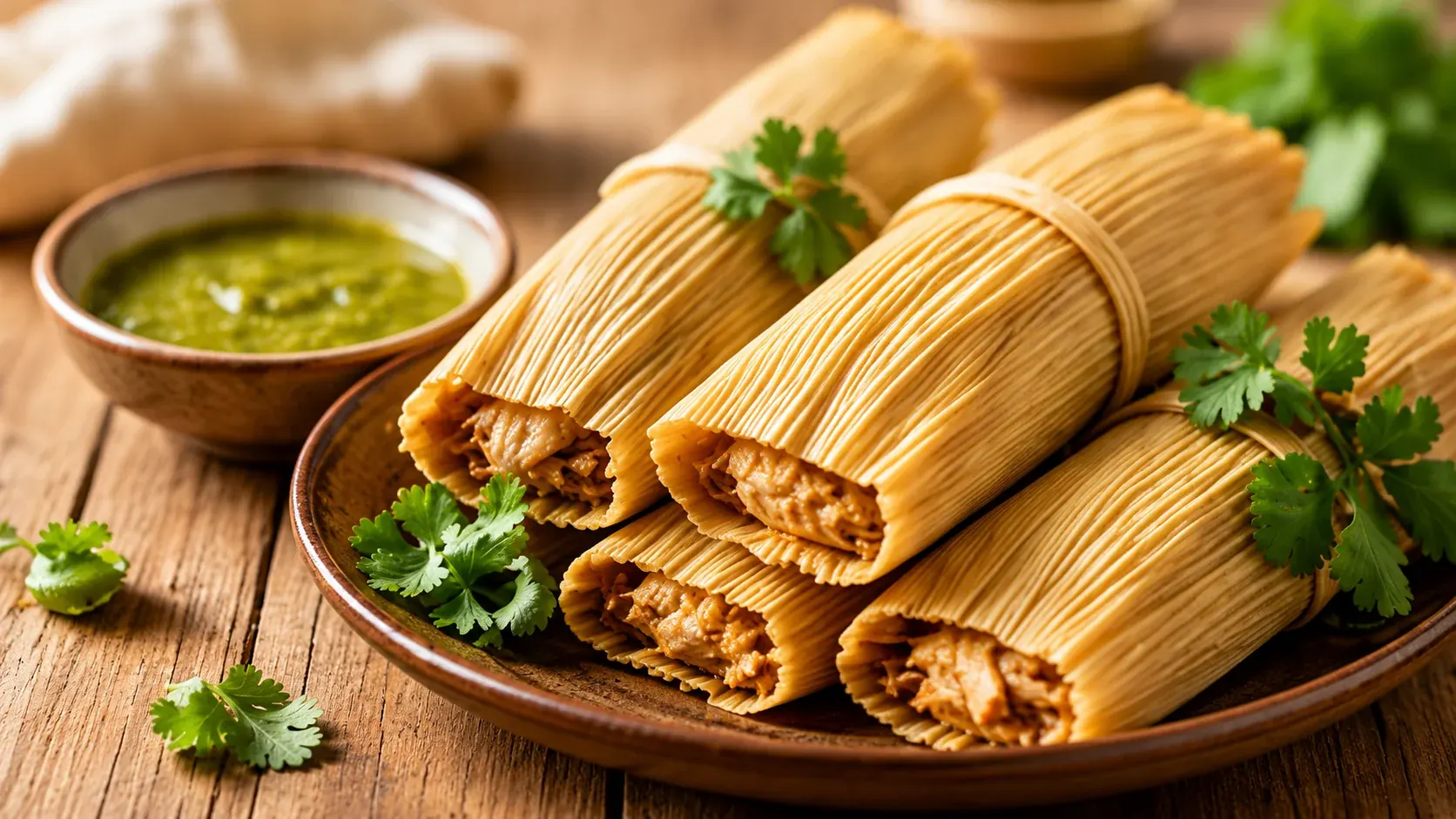 Corn-husk tamales stacked on a plate beside a bowl of salsa verde and fresh cilantro