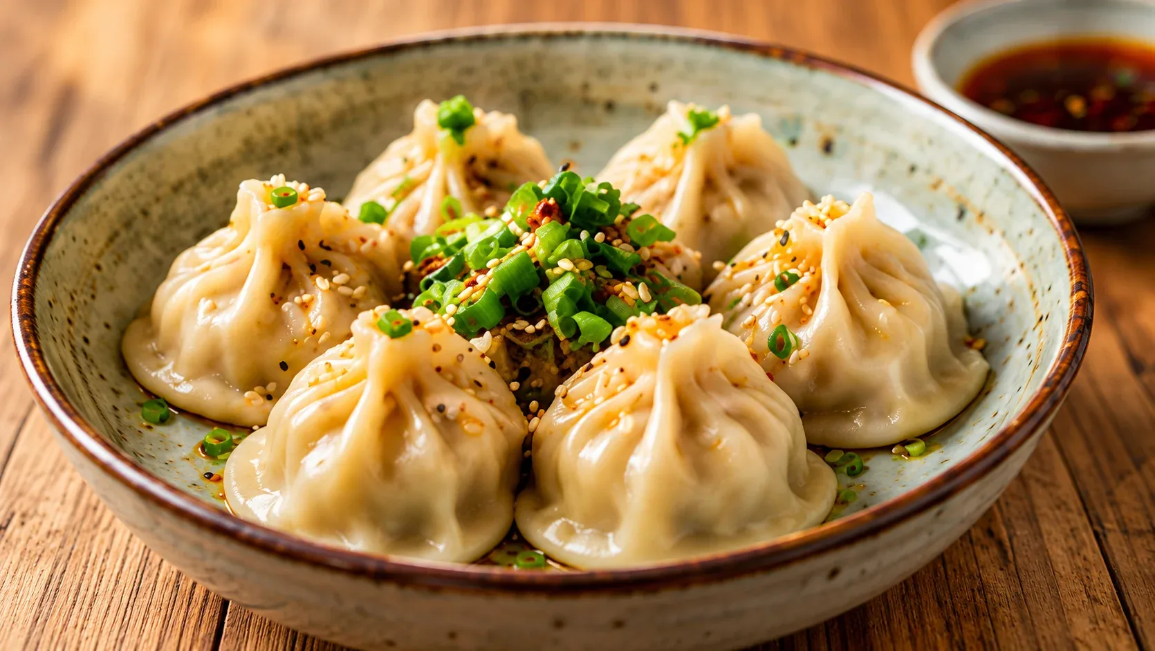 Bowl of steamed dumplings topped with green onions and sesame seeds, beside a dish of chili oil