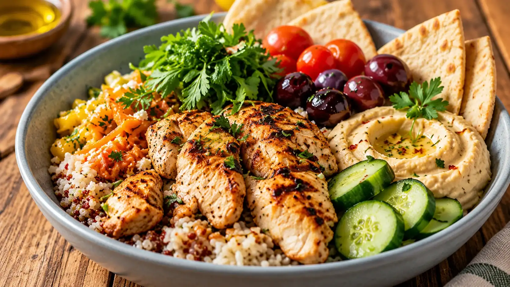 Grain bowl with grilled chicken, hummus, cucumber, olives, tomatoes and pita bread