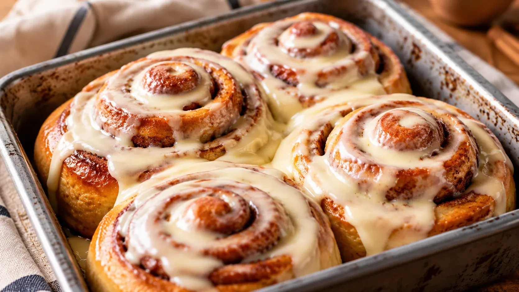 Tray of cinnamon rolls covered in white icing