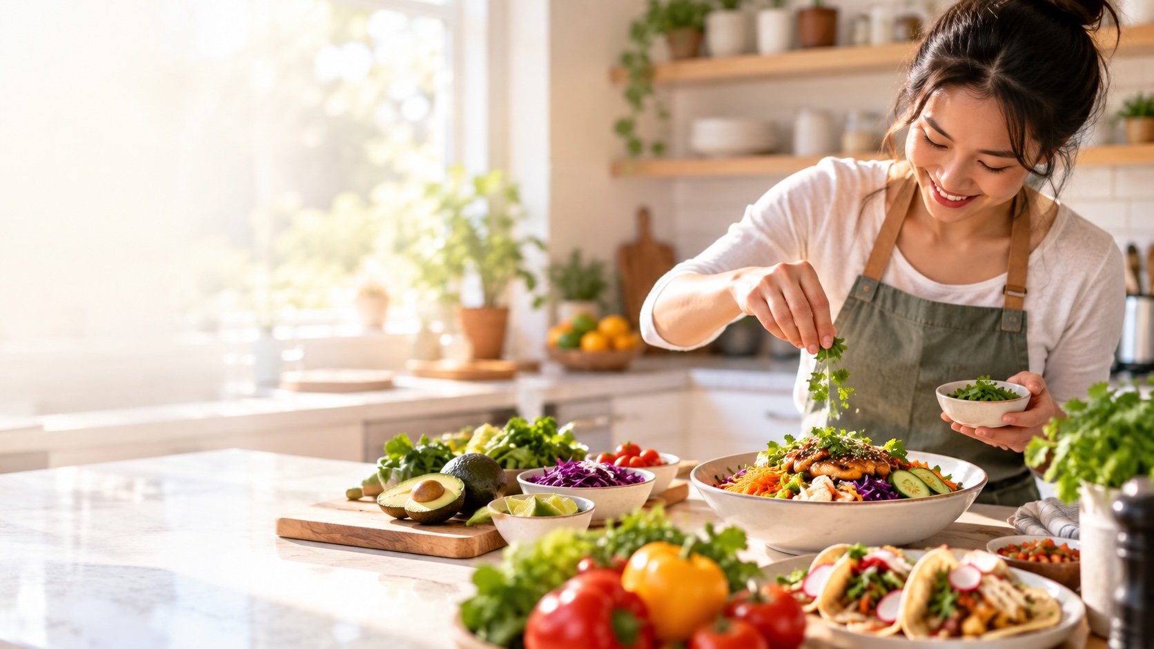 A home cook in an apron garnishing a bowl of food in a bright home kitchen