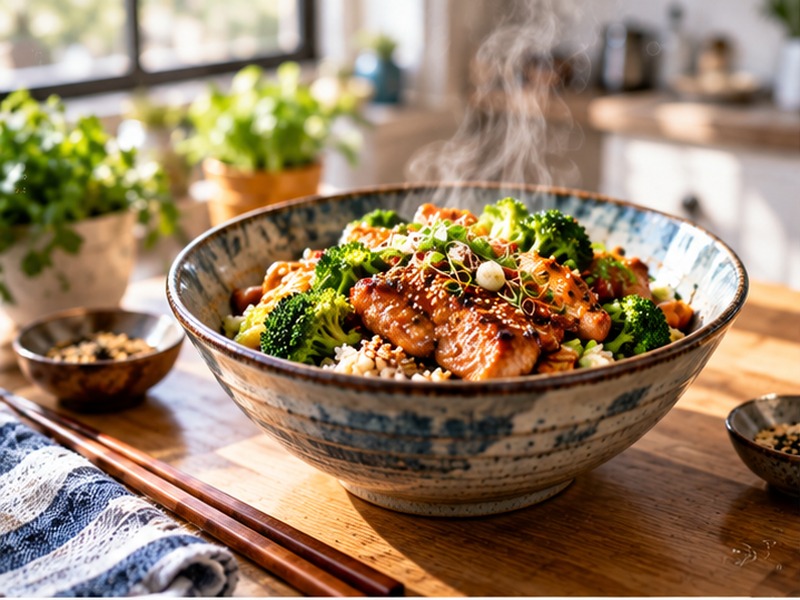 A steaming bowl of glazed chicken, broccoli and rice on a wooden table