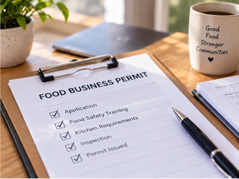 A food business permit checklist on a clipboard, with application, food safety training, kitchen requirements, inspection and permit issued all ticked