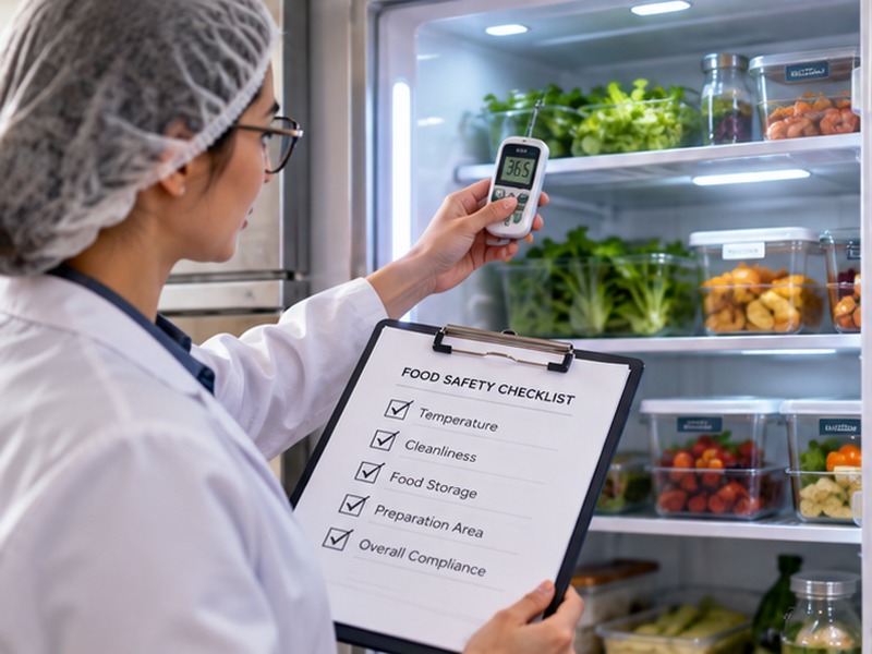 An inspector checking a refrigerator temperature beside a food safety checklist