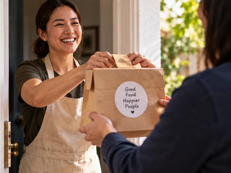A home cook handing a paper bag of food to a customer at the front door