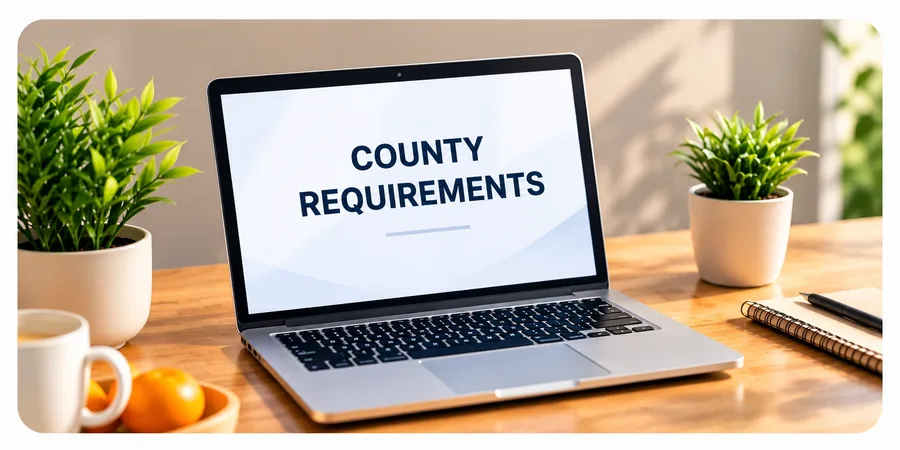 A laptop on a kitchen table showing a page headed County Requirements