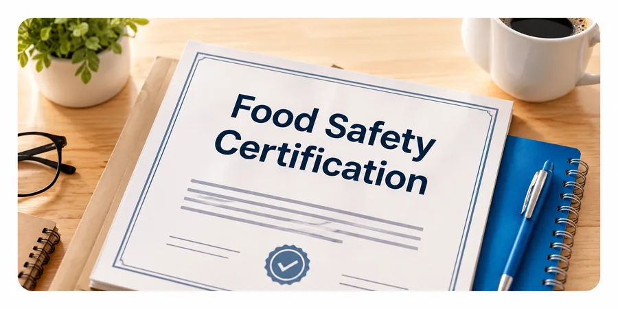 A food safety certification document on a desk beside a notebook and a cup of coffee