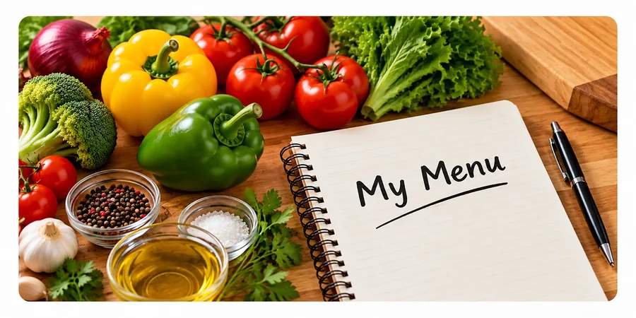 An open notebook headed My Menu beside peppers, tomatoes, herbs and oil