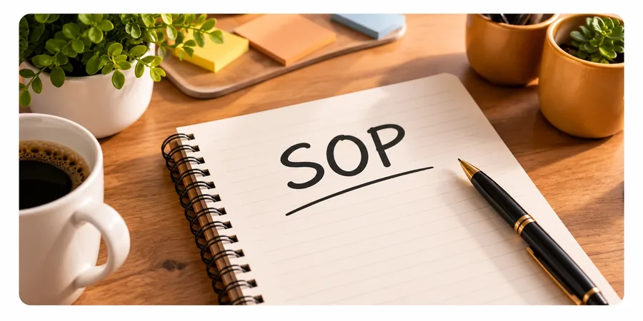 A notebook headed SOP on a kitchen counter with a pen and a cup of coffee
