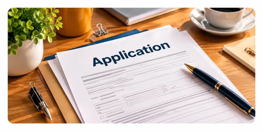 A printed application form on a desk with a fountain pen resting on it