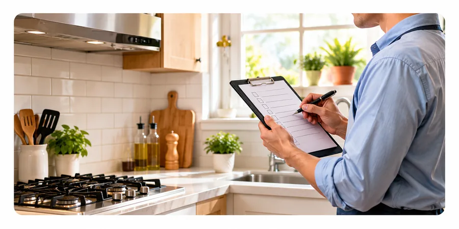 An inspector making notes on a clipboard in a home kitchen