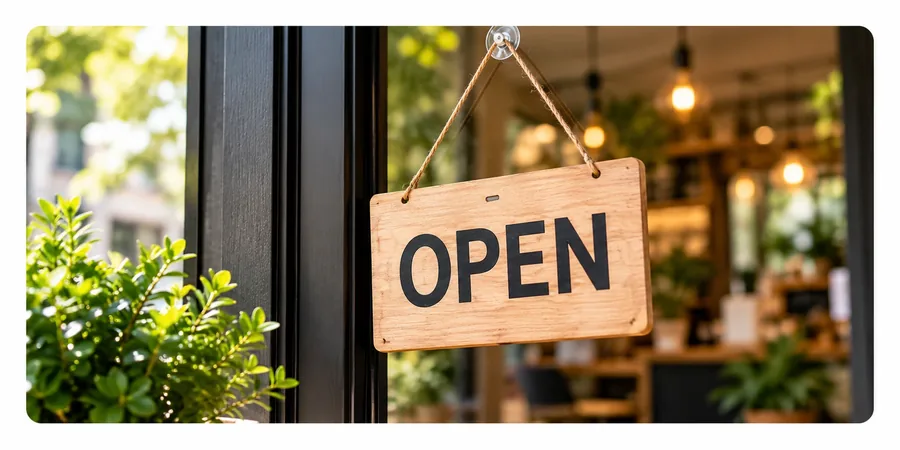 A wooden Open sign hanging in a doorway