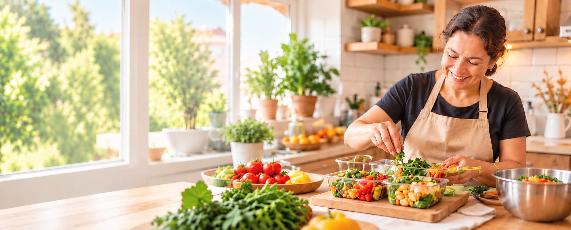 A smiling home cook in an apron garnishing containers of prepared food in a sunlit kitchen